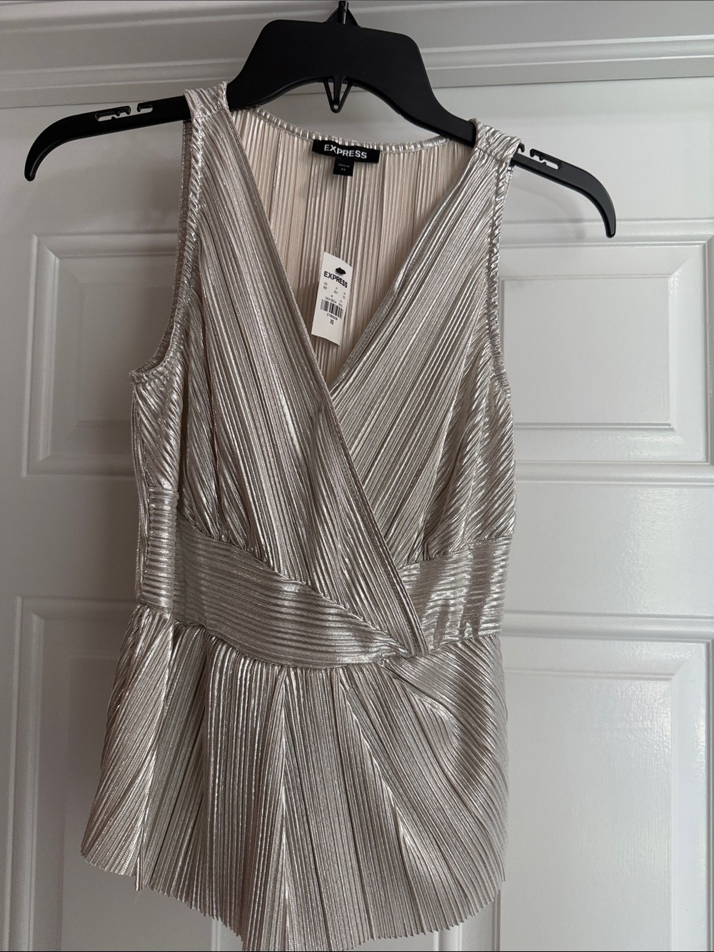 Express Metallic Pleated Wrap Tank - Silver/Cream